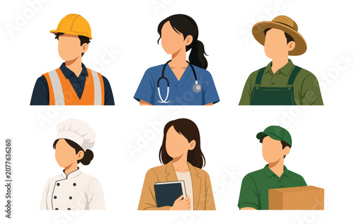 Labor Day Professions Vector Set, Group of Faceless Avatars of Diverse Workers and Professionals