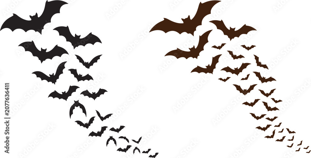 Obraz premium Swarm of black silhouette bats flying in a scattered formation with silhouette halloween nocturnal creatures illustration scattered formation mysterious wildlife isolated creative