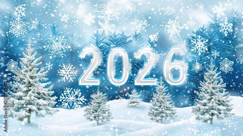 Winter Snowy Forest Scene with Large 2026 Text and Snowflakes for New Year Celebration