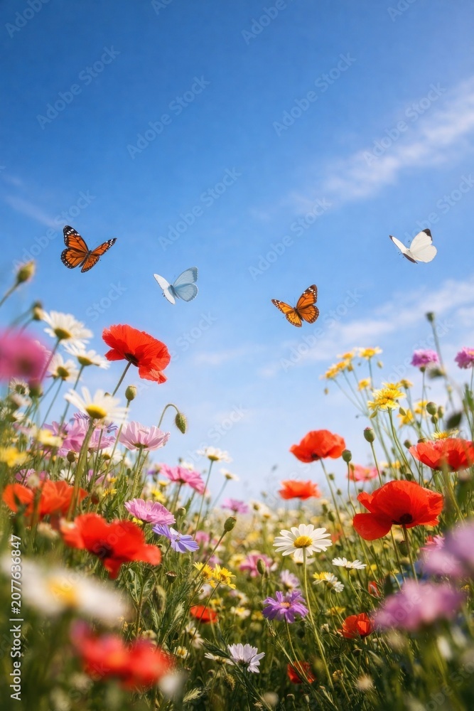Obraz premium Vibrant flowers and butterflies skyward.