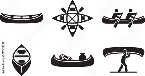 Tableau sur toile Six black and white canoe and kayak icons with paddles Vector