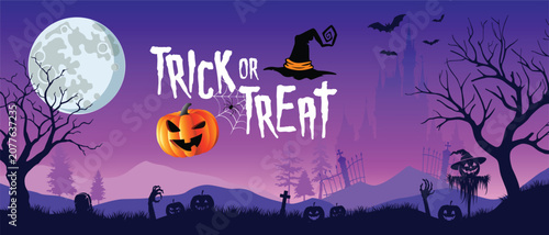 Spooky Halloween background with Trick or Treat lettering, jack-o'-lantern, full moon, haunted castle, bats, graveyard, scarecrow, and bare trees in a purple night scene.