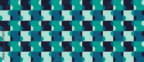 ​Seamless geometric pattern with wavy shapes in teal, blue, and mint green colors.