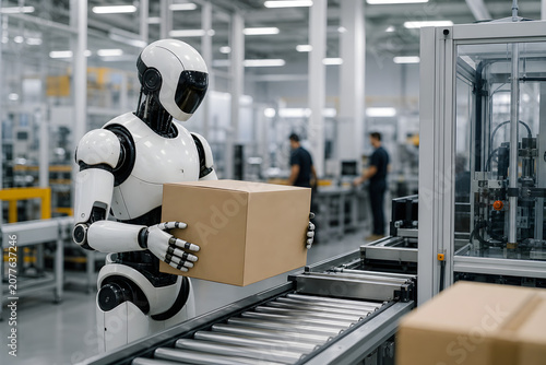 Humanoid robot lifting box in modern factory