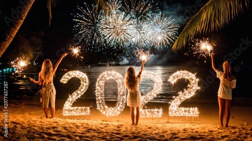 Women Celebrating New Year 2022 Fireworks Beach Scene Night
