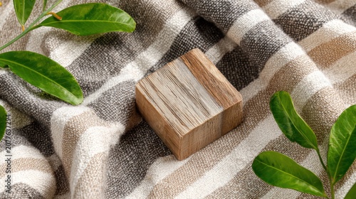 Wooden Block on Soft Striped Fabric with Green Leaves for Natural Home Decor