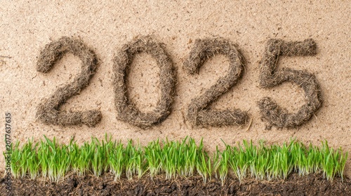 Year 2025 Number Made of Soil with Grass and Soil Layer in Front