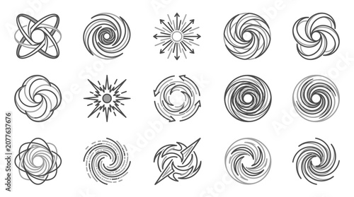 Radial galaxy and complex spiral line icon collection.
