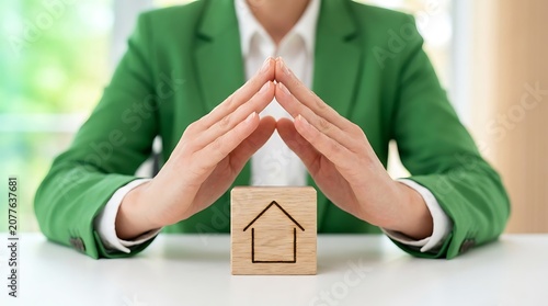 Businesswoman protecting a wooden house model with her hands, symbolizing real estate, property insurance, and home protection, sitting at a desk in a green blazer.