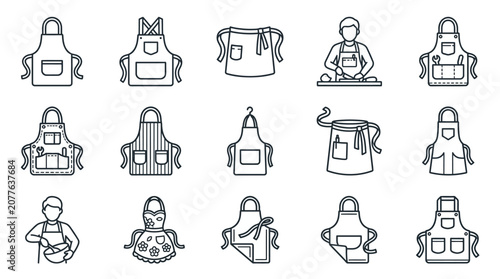 Protective kitchen and work apron line icons