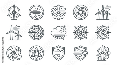 Renewable wind energy and air flow icon set.