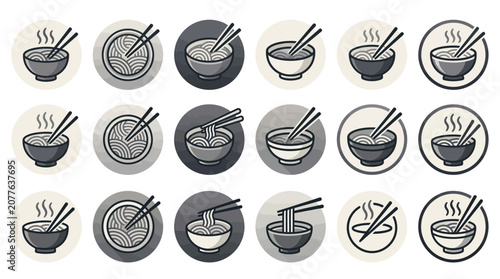 Ramen noodle bowl icons in circular frames