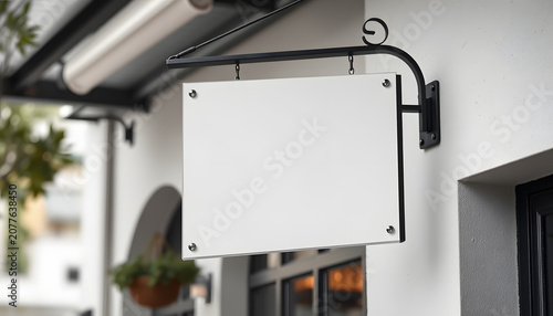 Blank store signage sign design mockup isolated, Clear shop template. Street hanging mounted on the wall. Signboard for logo presentation. Metal cafe restaurant bar plastic badge black white, blurry