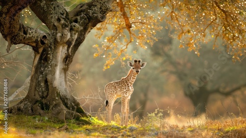 Young Giraffe Standing Under Large Old Tree in Sunny Natural Forest Scene