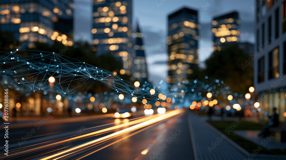 Fototapeta premium Glowing city street with long luminous light trails threading between brightly lit skyscrapers at soft dusk reflective wet asphalt and atmospheric glow no people cinematic