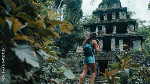 Young Woman Wearing Blue Shorts and Backpack Exploring Ancient Stone Temple in Dense Jungle