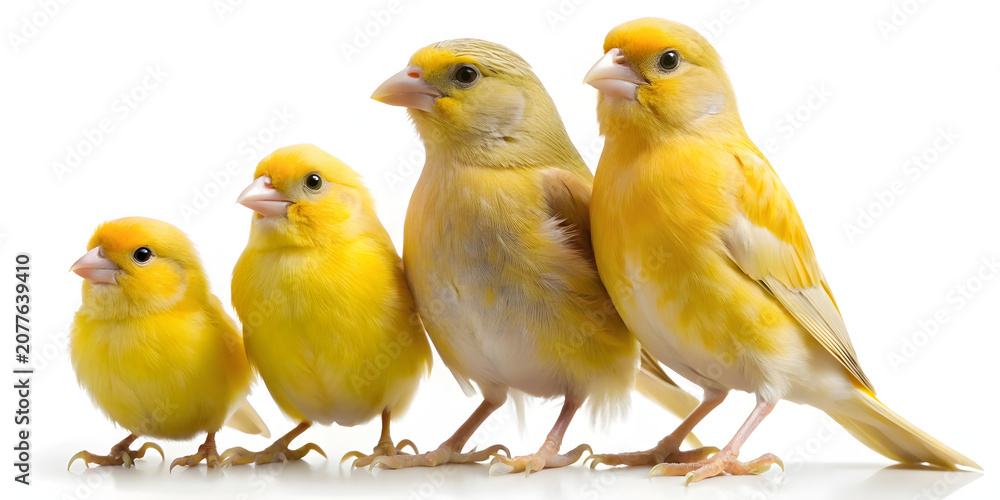Naklejka premium Three Yellow Canaries Perched Together Isolated on White Background Close Up