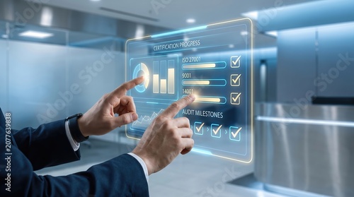 ISO Compliance Dashboard Displaying Certification Progress, Audit Milestones, and Digital Quality Management Interface with Professional Hands in Modern Corporate Technology Workspace