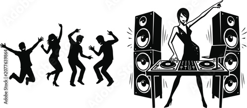 Nightlife Party Silhouette Collection Featuring a Female DJ Playing Music and Energetic People Dancing and Celebrating