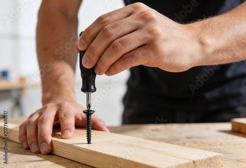 Hand driving black screw into wooden board in a clean practical workshop setting