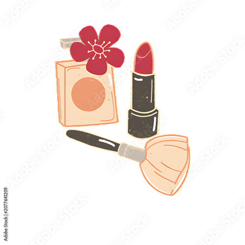 Hand-drawn vanity makeup set with perfume lipstick and brush isolated