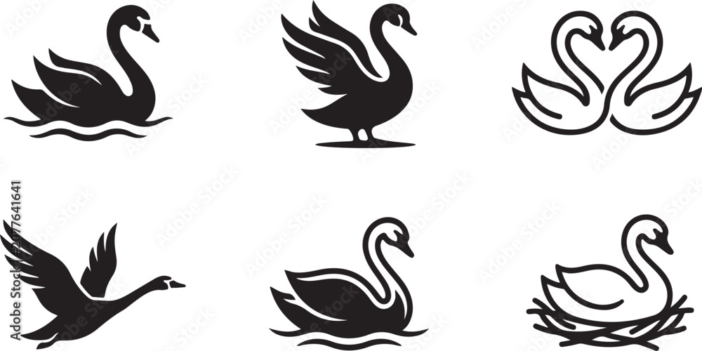 Fototapeta premium Black swan illustrations in various elegant poses Vector
