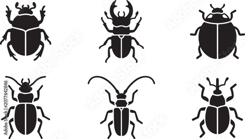 Foto Black and white beetle and bug vector icons set of six different types Vector