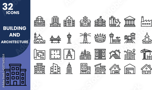 Professional buildings and architecture line icon set featuring residential homes, commercial buildings, landmarks, construction, urban development, blueprints, and architectural design symbols.