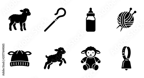 Canvas Print Farm animal icon set with lamb, shepherd crook and baby bottle outline, solid an