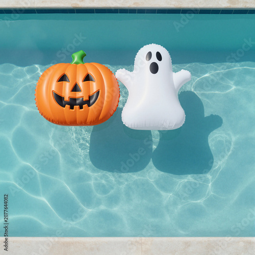 summerween halloween themed pumpkin and ghost inflatables floating in clear blue pool on sunny day