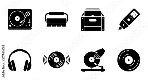 Vinyl record player icon set for music and audio outline, solid and color styles, white background