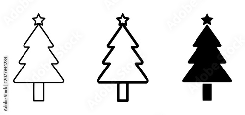 Christmas tree icon set for holiday season and winter celebrations, outline, solid and color styles, white background