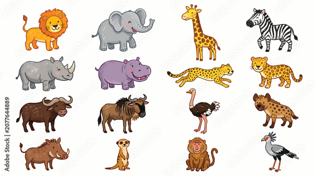 Obraz premium Cute Crayon Safari Animals Collection Hand Drawn Kids Style Vector