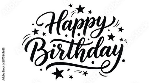 Elegant black ink Happy Birthday hand drawn calligraphy greeting with stars