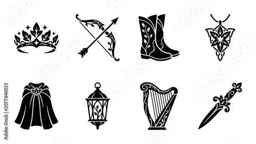 Fantasy medieval objects silhouette icons, outline, for game design