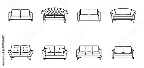 8 Sofa Icons Set Outline Furniture Collection for Interior Design