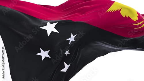 Papua New Guinea flag waving and swirling, looping Close-up camera angle with transparent background, with alpha matte layer for transparency in the background.