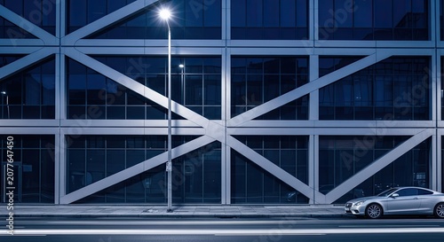 Modern Architecture and Car on City Street at Night