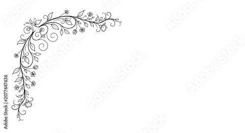 Elegant floral corner ornament, delicate vine with leaves and small flowers, hand-drawn sketch