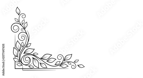 Elegant Floral Corner Design, Swirls and Leaves, Black and White