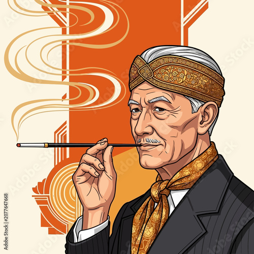 Elegant Gentleman Smoking Cigarette with Art Deco Background
