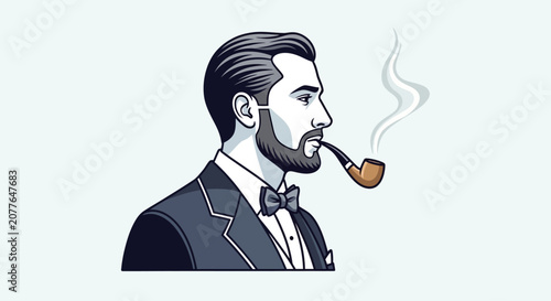 Elegant Gentleman Smoking Pipe, Vintage Style Portrait