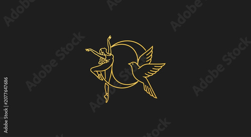 Elegant Gold Line Art: Dancer and Dove Symbolizing Freedom and Grace