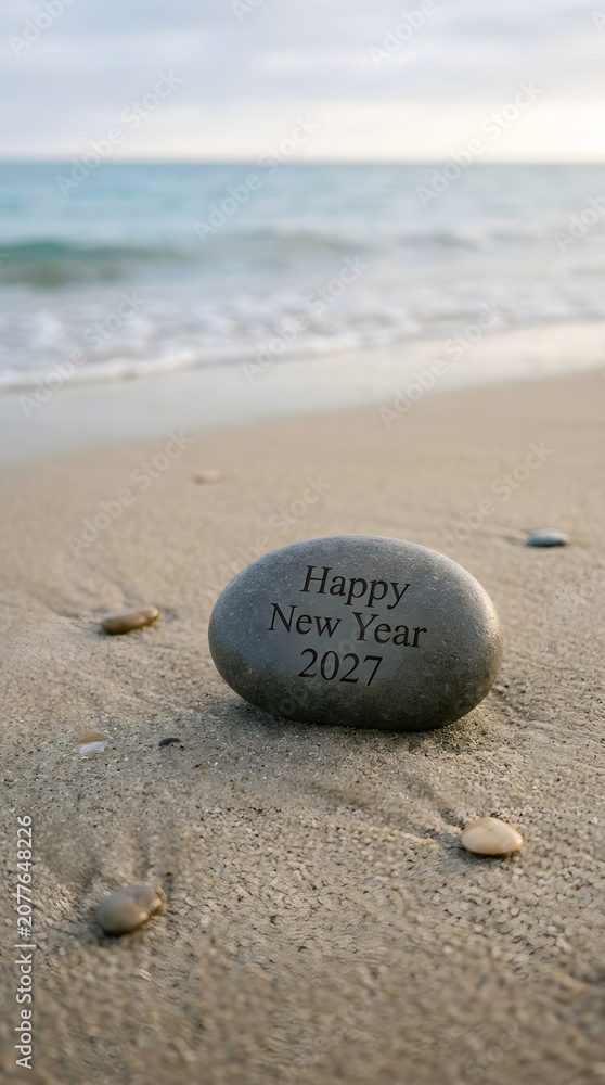 Obraz premium Minimalist Ocean Sunrise Background with New Year 2027 Message on Sea Pebble