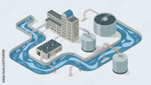 Isometric view of a water treatment plant facility showcasing filtration tanks and flowing water channels for environmental engineering or utility infrastructure presentations.
