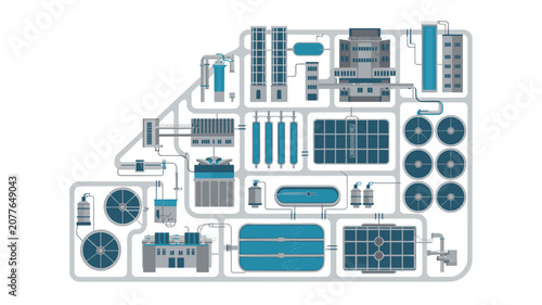 Top-down view of a complex industrial factory facility layout featuring various processing units and interconnected pipelines for manufacturing or chemical engineering.