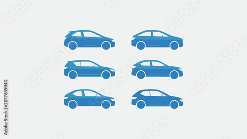 Side profile view of six blue sedan and hatchback cars demonstrating different vehicle body shapes and aerodynamic silhouettes for automotive industry presentations.