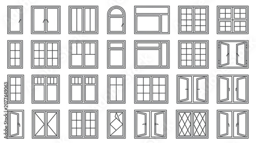 Collection of Modern Window Designs, Architectural Elements, Line Art Icons