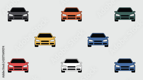Front view of nine colorful passenger cars arranged in a grid pattern showcasing diverse vehicle paint finishes and automotive body shapes for transportation marketing.