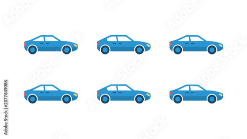 Six identical blue sedan cars arranged in two rows, showcasing a simple flat design for automotive or transportation concepts and traffic planning.